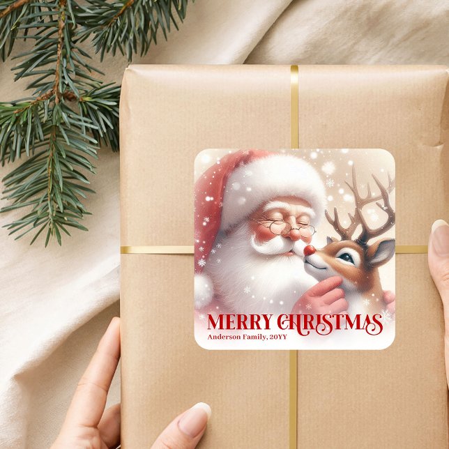 Sticker Carré Cozy Personalized Santa and Rudolph Christmas Gift (Cozy Personalized Santa and Rudolph Christmas Gift Sticker)