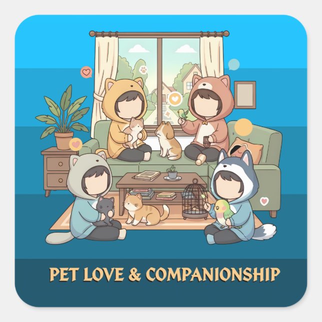 Sticker Carré Cozy Pet Friends Chibi Anime Art (Devant)