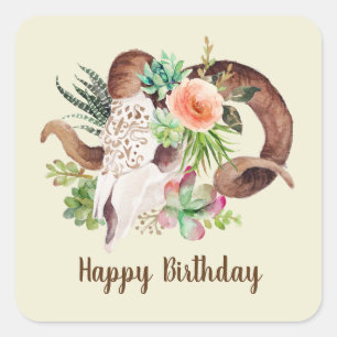 Sticker Carré Crâne de bélier et succulents Anniversaire