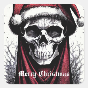 Sticker Carré Crâne de Noël effrayant avec chapeau de Père Noël