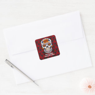 Sticker Carré Crâne de sucre Cinco de Mayo Nom floral rouge