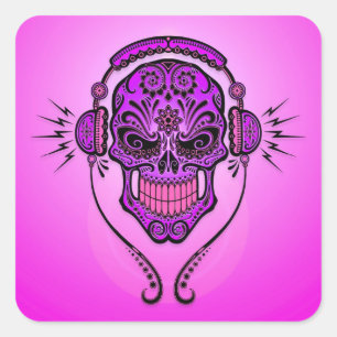 Sticker Carré Crâne de sucre DJ - violet