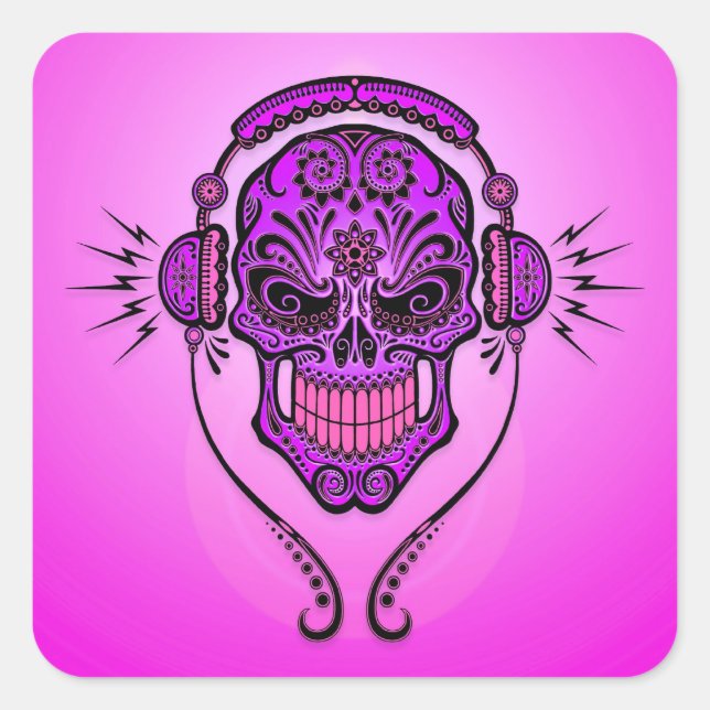 Sticker Carré Crâne de sucre DJ - violet (Devant)