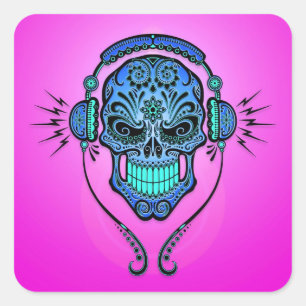 Sticker Carré Crâne de sucre du DJ - bleu et pourpre