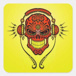 Sticker Carré Crâne de sucre du DJ - rouge et jaune