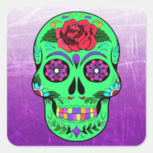 Sticker Carré Crâne de sucre Halloween Lime vert pourpre