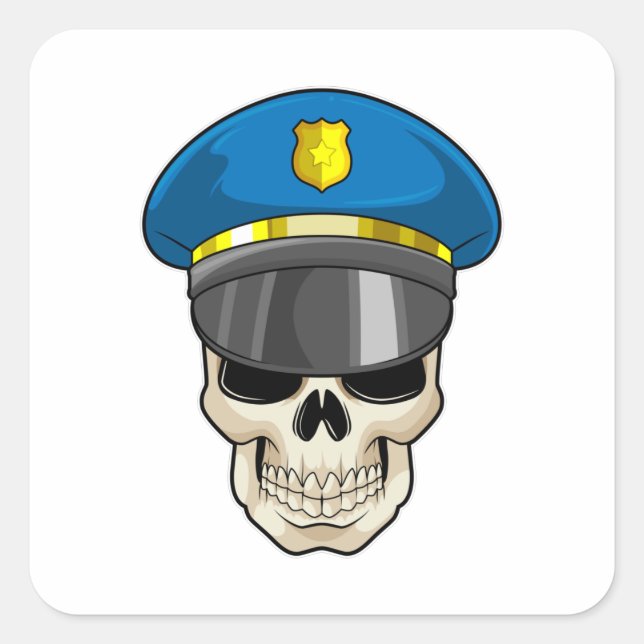 Sticker Carré Crâne en tant qu'officier de police avec casquette (Devant)