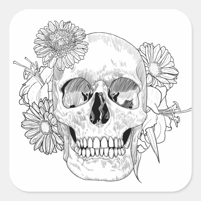 Sticker Carré Crâne Et Fleurs Inspiré (Devant)