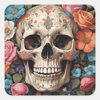Sticker Carré Crâne fleuri