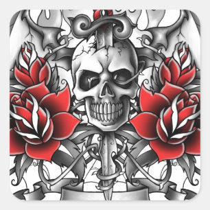 Sticker Carré Crâne n Dagger avec ailes diaboliques