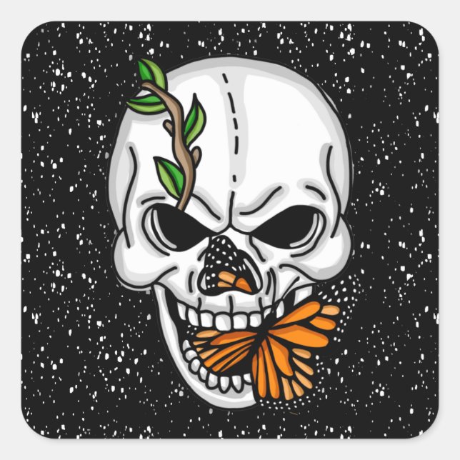 Sticker Carré Crâne noir et blanc avec papillon monarque (Devant)