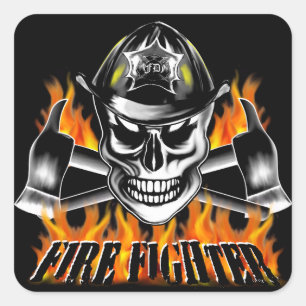Sticker Carré Crâne pompier 4 et axes flammes