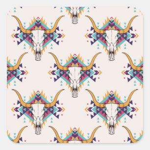 Sticker Carré Crâne taureau de la tribu : Boho Seamless