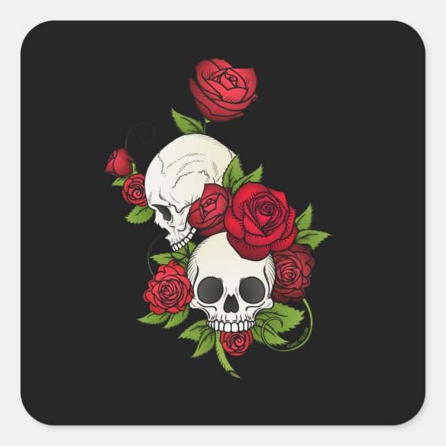Sticker Carré Crânes Roses Día de Muertos (Devant)