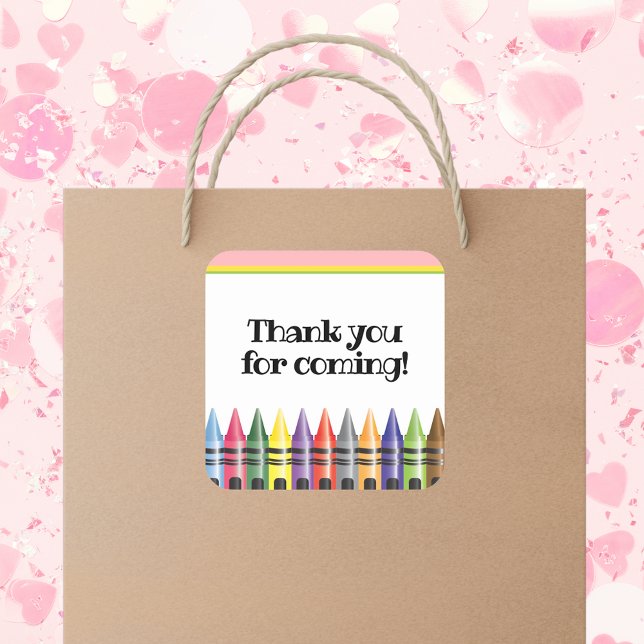 Sticker Carré Crayon Anniversaire de enfant Party Pink Merci ver (Créateur téléchargé)