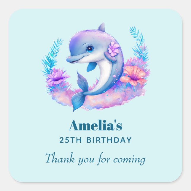 Sticker Carré Créature Mer Dauphin Cute Anniversaire Merci (Devant)