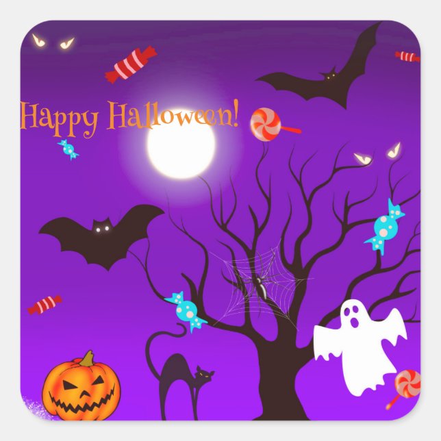Sticker Carré Créatures et bonbons d'Halloween (Devant)