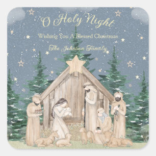 Sticker Carré Crèche de Noël à l'aquarelle 