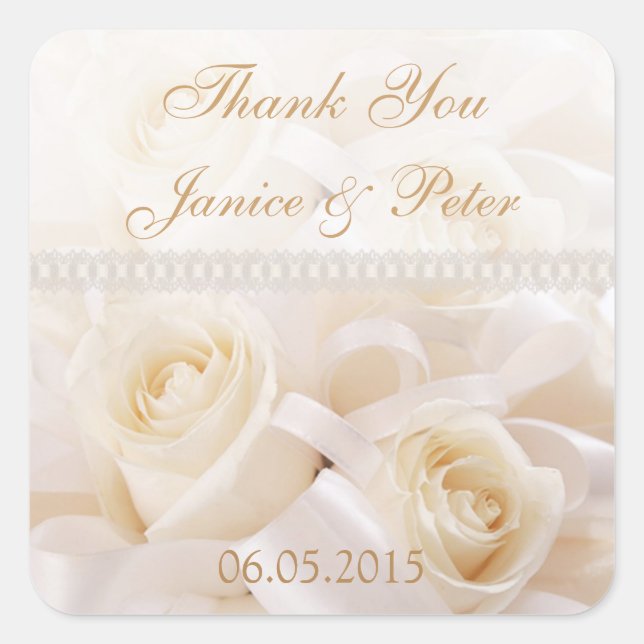 Sticker Carré Crème blanche roses Mariage Merci (Devant)
