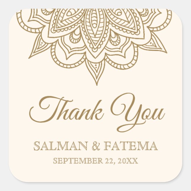 Sticker Carré Crème et or Henna Mehndi Mariage Merci (Devant)