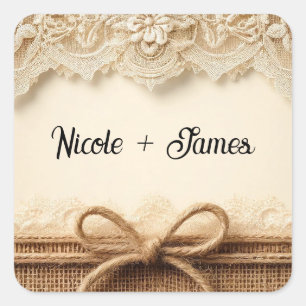 Sticker Carré Crème Floral Dentelle Burlap Mariage Rustique Vint