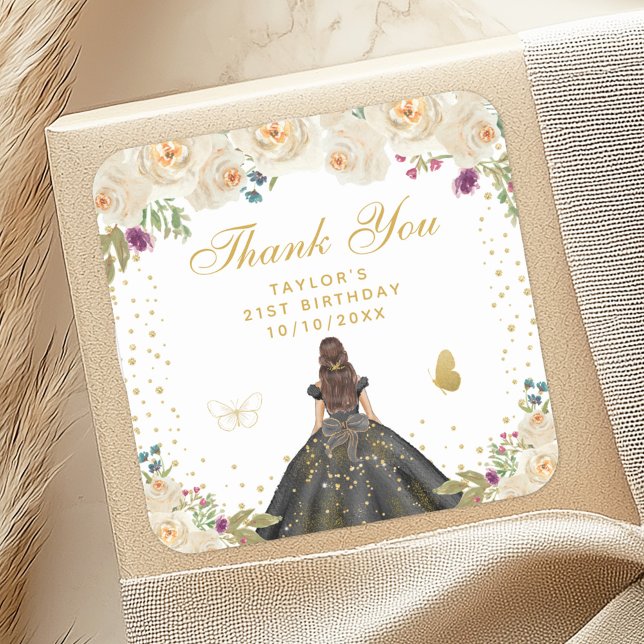 Sticker Carré Crème Florale Brunette Cheveux Princesse Anniversa (Créateur téléchargé)