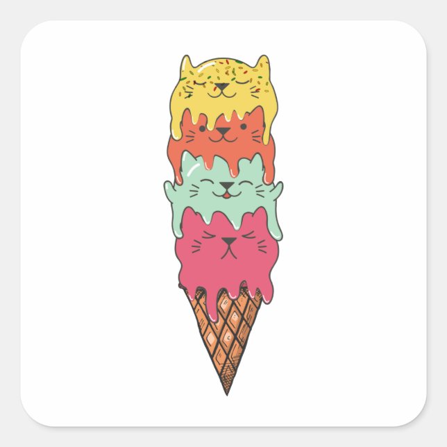 Sticker Carré Crème glacée de chats mignonne | Kawaii Kittens (Devant)