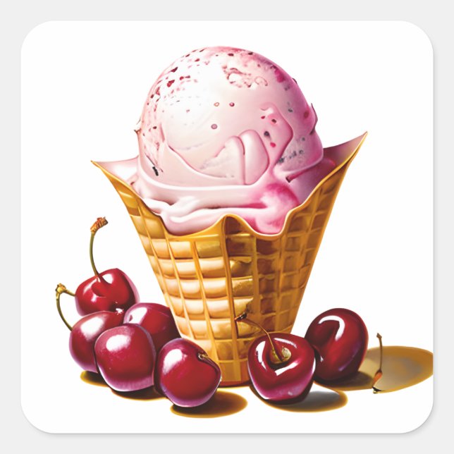 Sticker Carré Crème glacée fraise en cône avec cerises (Devant)