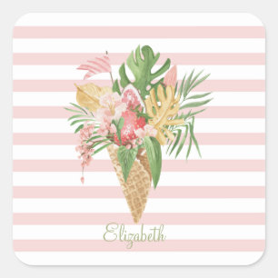 Sticker Carré Crème glacée, Fruit Feuille tropical, Grès roses