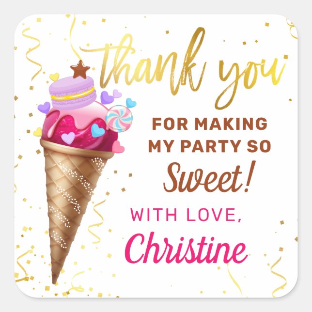 Sticker Carré Crème glacée rose doux Merci d'anniversaire (Devant)