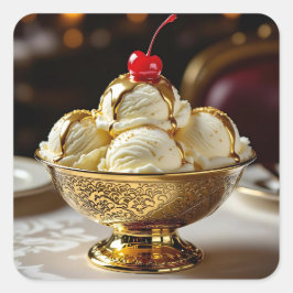Sticker Carré Crème glacée Sundae avec sirop d'or Blank