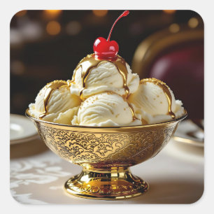 Sticker Carré Crème glacée Sundae avec sirop d'or Blank