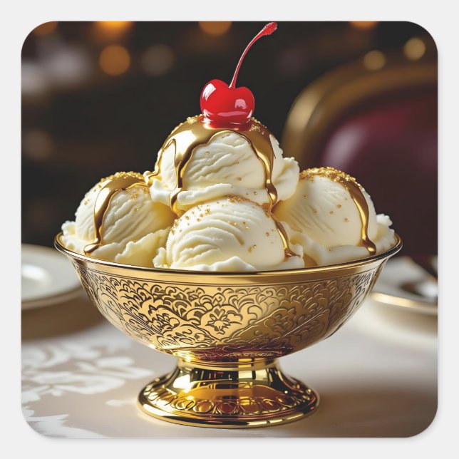 Sticker Carré Crème glacée Sundae avec sirop d'or Blank (Devant)