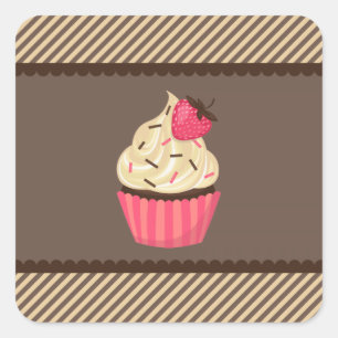 Sticker Carré Crème rose Brown rayures fraise Cupcake