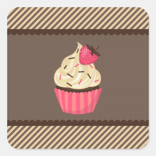 Sticker Carré Crème rose Brown rayures fraise Cupcake (Devant)