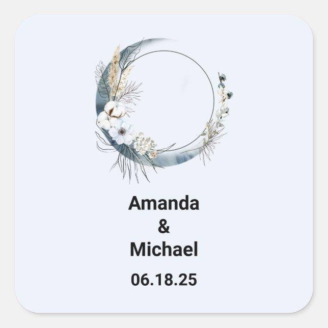 Sticker Carré Crescent Bleu Lune avec Mariage Fleurs Blanches (Devant)