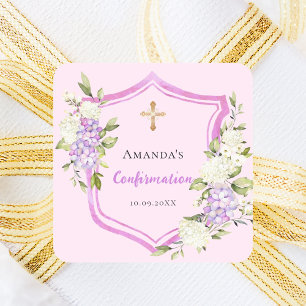 Sticker Carré Crest de confirmation fleurs violettes roses