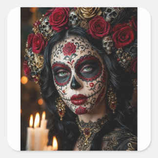 Sticker Carré Crimson Rose Calavera – Jour des Morts élégant