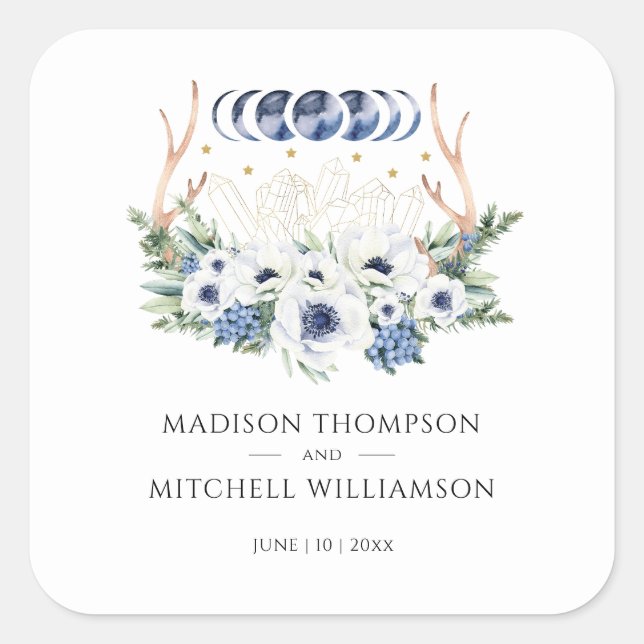 Sticker Carré Cristaux de lune Fleurs Boho Mariage métaphysique (Devant)