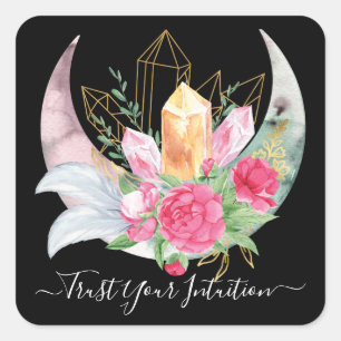 Sticker Carré Cristaux d'intuition Fleurs de Lune Plumes Bohème 