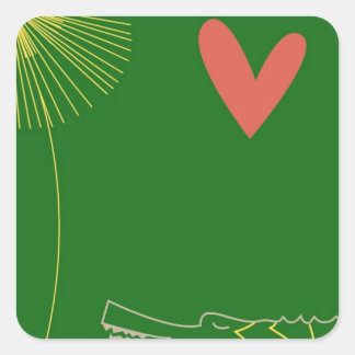 Sticker Carré Crocodile minimaliste avec coeur et fleur jaune.
