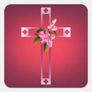 Sticker Carré Croix aux fleurs d'Azalea Pâques