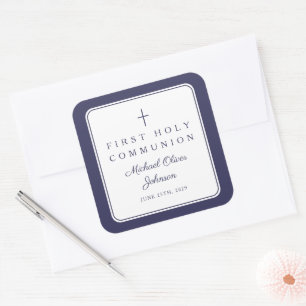 Sticker Carré Croix Bleu Marine Élégante Garçon Première Communi