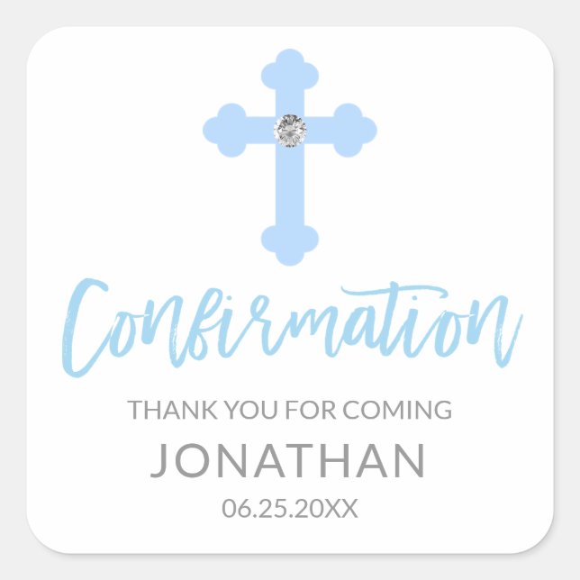 Sticker Carré Croix Bleue blanche CONFIRMATION Merci garçon (Devant)