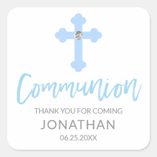 Sticker Carré Croix Bleue Blanche moderne COMMUNION Merci garçon