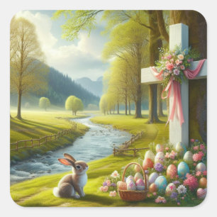 Sticker Carré Croix de Pâques avec lapin et oeufs