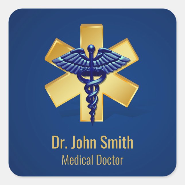 Sticker Carré Croix d'or bleu Médicale 3D Caduceus (Devant)
