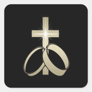 Sticker Carré Croix d'or et anneaux Mariages