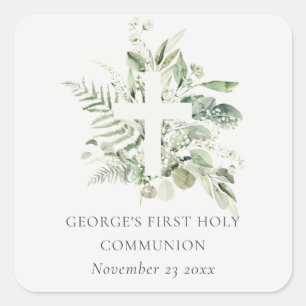 Sticker Carré Croix du feuillage Eucalyptus Première communion s