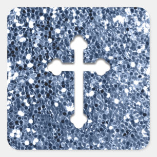 Sticker Carré Croix en blanc sur Parties scintillant bleue